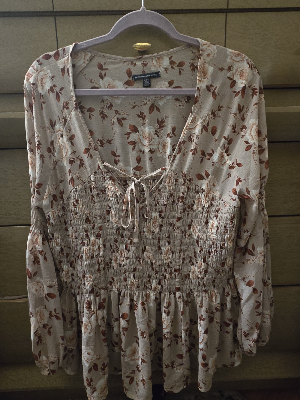 Floral Smocked Peplum Blouse - Beige/ Brugendy